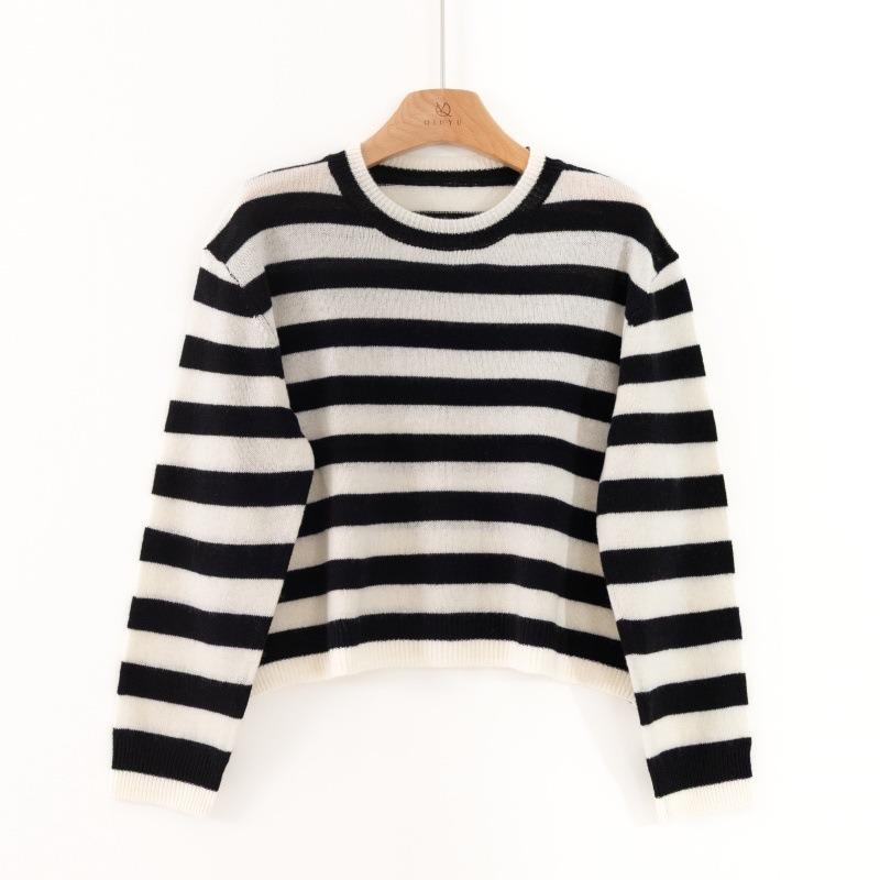 Crew Neck Striped 0 Pure Wool Knitted Sweater Autumn New Lazy Wind Pullover Jacket