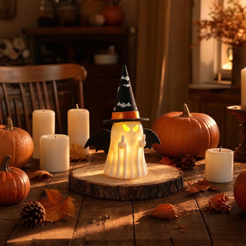 Halloweenová figurka s gestem prstu a srdce pro sezónní domácí dekoraci