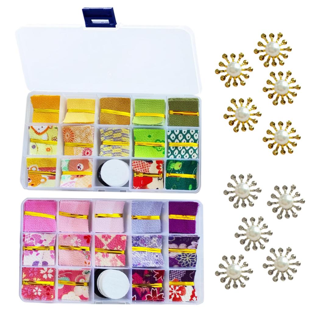 EdisonBrain Tsumami Zaiku Pre-Cut Fabric Set, 28 Colors, 280 Pieces, Chirimen Fabric, Felt, 2-Color Flower Bases, with Mounting Plates, Japanese Patte