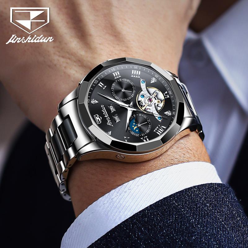 JINSHIDUN Wielofunkcyjny zegarek męski. Trend męski z podwójnym kalendarzem. Ceramiczny wodoodporny automatyczny zegarek mechaniczny