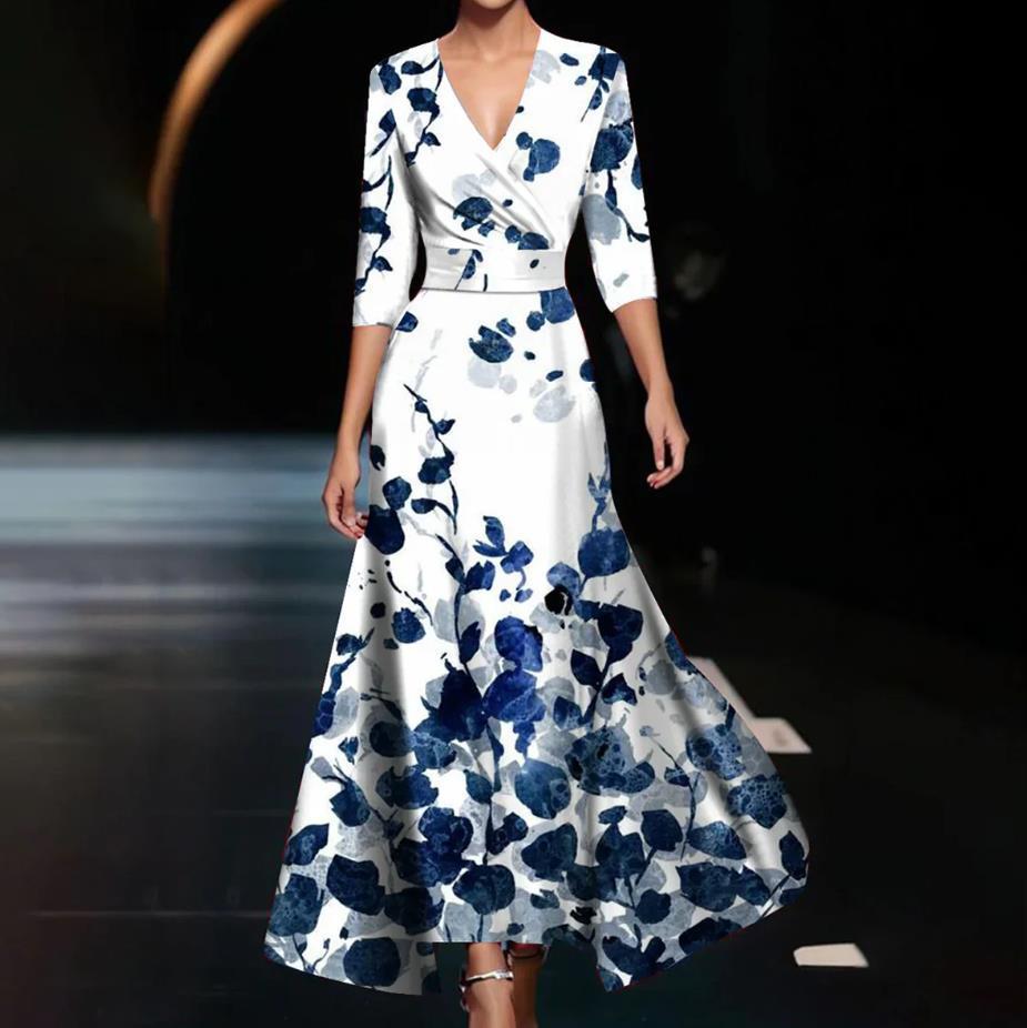 Sommer-Polyester 3D-Effekt-Print V-Ausschnitt Midi-Kleid für Büro-Chic-Frauen