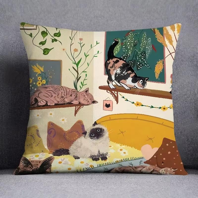 1Pc Double Sided Printed Cute Cat Pattern Pillowcase Adorable Feline Design Cushion Cover For Sofa Bedroom Home Decor No Pillow