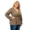 Bluzka damska plus size wiosenno-jesienna z dekoltem w serek i wiązaniem, z długim rękawem