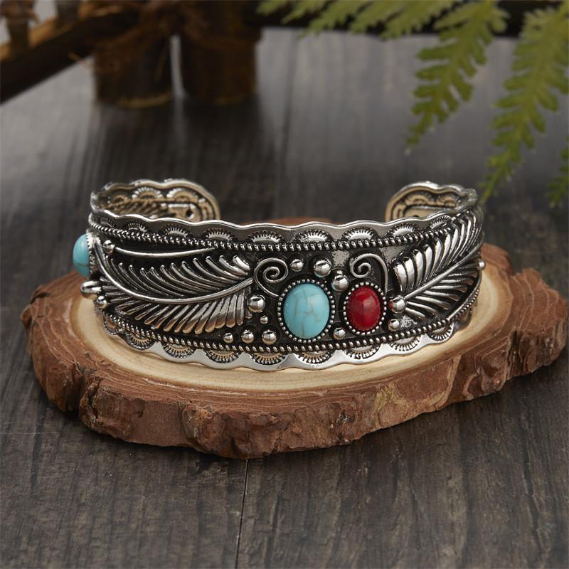 Style Oval Turquoise Bracelet With Vintage Two Tone Leaf Design For Women