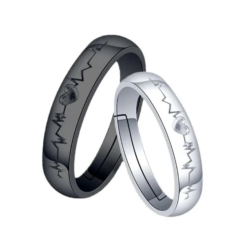 1/2 Stück Romantische Partnerringe für Damen Herren Punk Herz EKG Schwarz Weiß Ewige Liebe Versprechen Ehering Valentinstagsgeschenk