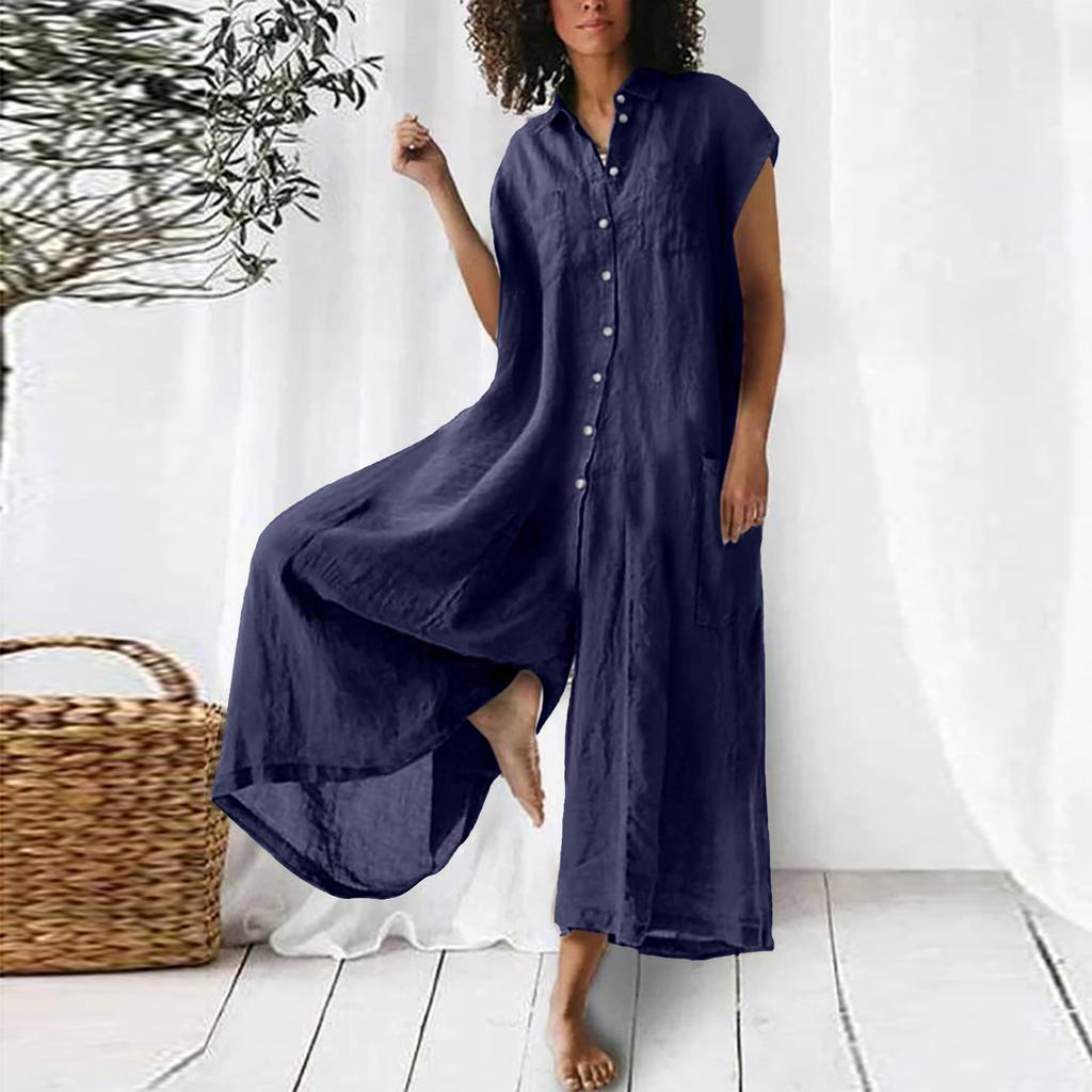 Women's Solid Color Three Quarter Sleeve Collared Button Down Linen Wide Leg Jumpsuit Casual Spring Long Romper With Pockets