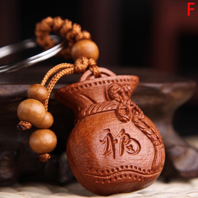 Lucky Jewelry Wood Carving Buckle Buddha Pendant Keychain Car Bag Keyring