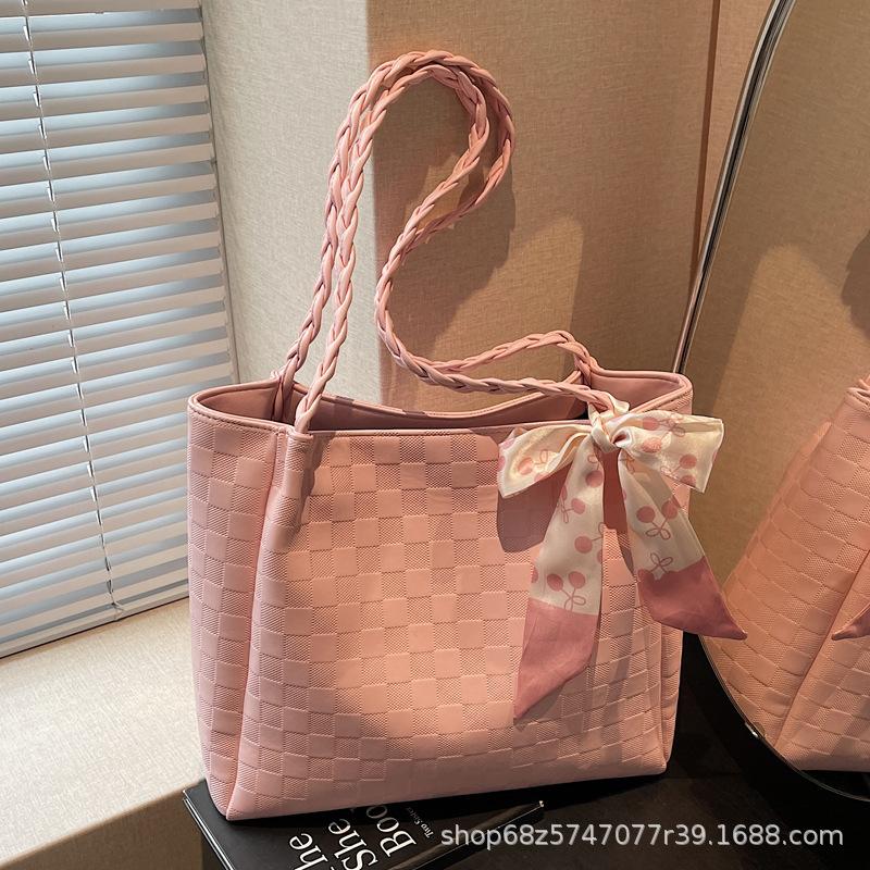 2025 Summer New Fashion Silk Scarf Portable Shoulder Large Capacity Tote Bag Women's Bag Simple Texture Armpit Bag