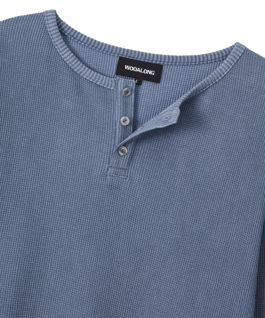 Uallong Layered Loose Waffle Henley Neck Long Sleeve Tee - Fade Navy