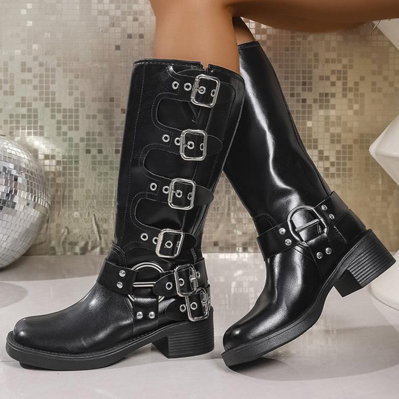 Fashion Fashion Buckle Strap Midi-Calf Boots for Women Autumn Winter Brown Rivet Wedges Boots Woman Plus Size Pu Leather Botas Mujer