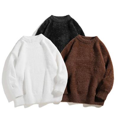 Herren Retro Locker Geschnitten Kunst Nerzfell Winter Pullover, Rundhals Einfarbig Strickware