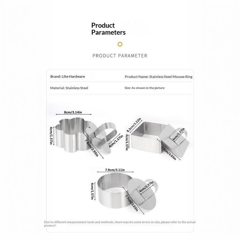 Stainless Steel Mousse Cake Ring Molds with Press Plate 1/4 Pcs Multi Shapes for Commercial Bakery Dessert Making