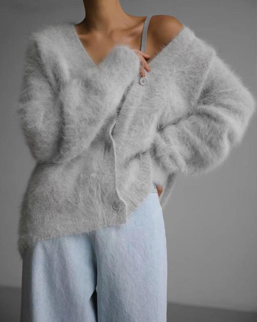 2024 Mink Hair V-Neck Cardigan: Loose Fit, Long Sleeve Sweater for Autumn/Winter Women