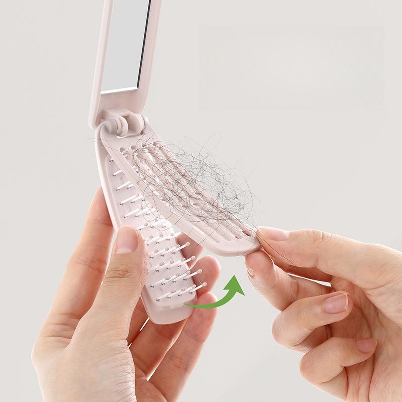 Folding Hair Brush With Mirror Portable Travel Comb Compact Pocket Hairbrush Anti Static Air Cushion Massage Brush For Styling