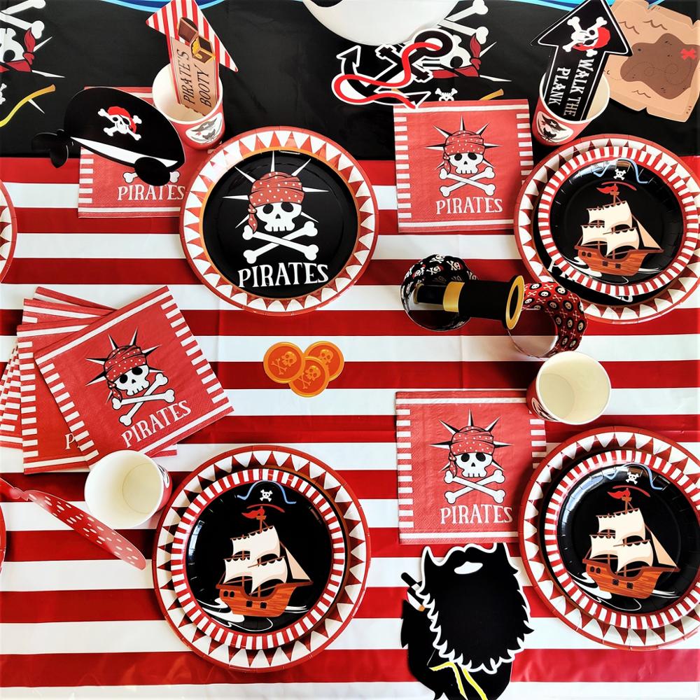 Pirate Theme Disposable Tableware Happy 1st Birthday Party Decorations Kids Napkins Paper Plates Pirate Birthday Party Supplies