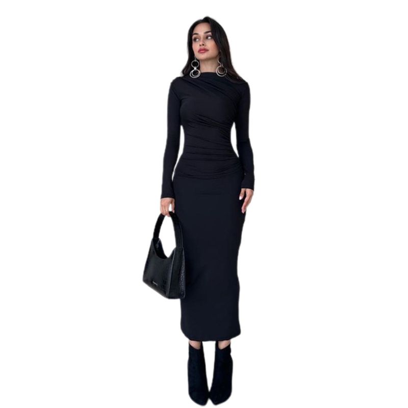 INS Fashion Style 2024 New Arrival Women's Clothing Fashion Round Neck Long Sleeves Silm Hip Bag Pure Color Elegant Dress