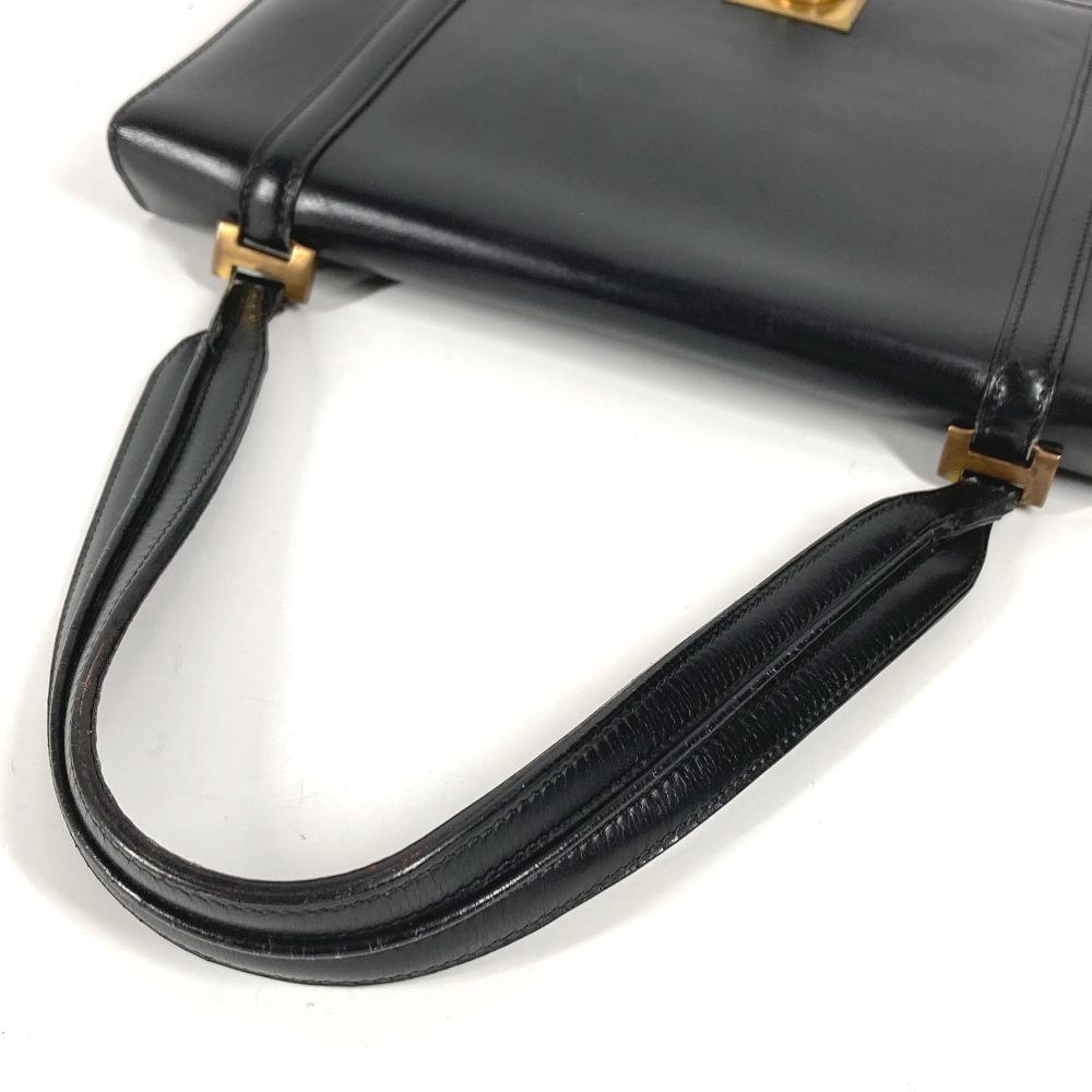 Hermes Bolsa de Mão com Aba e Logo Vintage Bolsa de Ombro Couro Preto/Ferragens Douradas