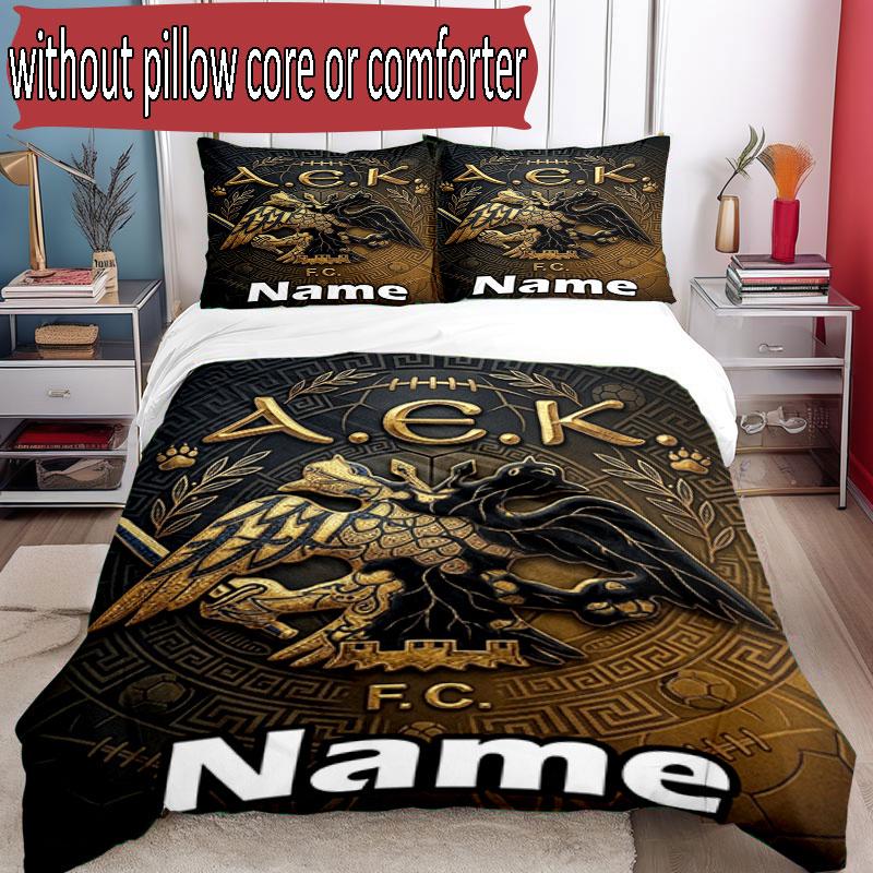 3pcs Duvet Cover Set (1*Duvet Cover + 2*Pillowcase, Without Core), Custom Name AEK Athens FC Pattern Bedding Set, Home Bedroom Decor Gift