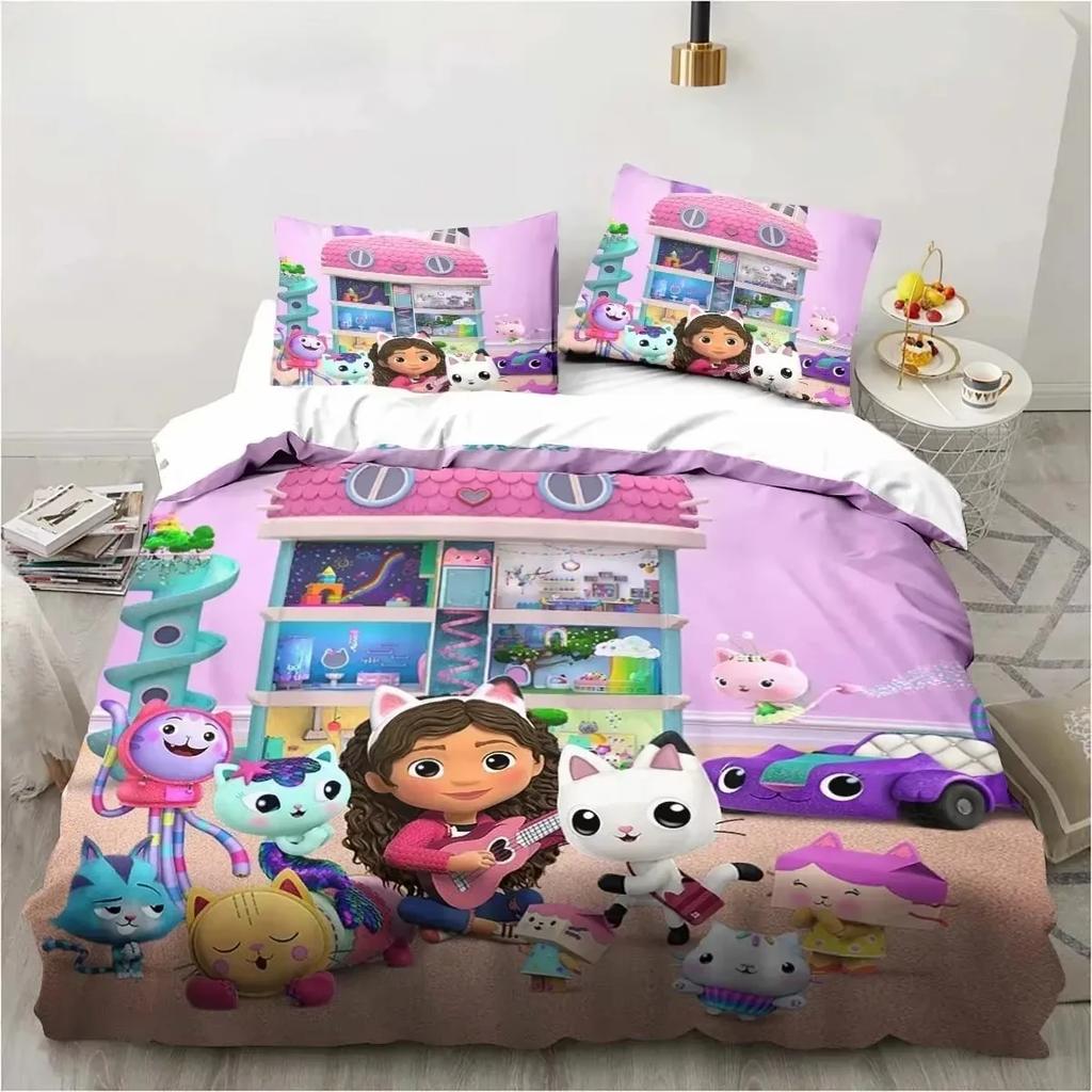 3D Gabbys Dollhouse Bedding Sets Cartoon Comforter Duvet Cover Set 3Pcs Bedroom Decor For Kids Single/Twin/Full/Queen/King Size