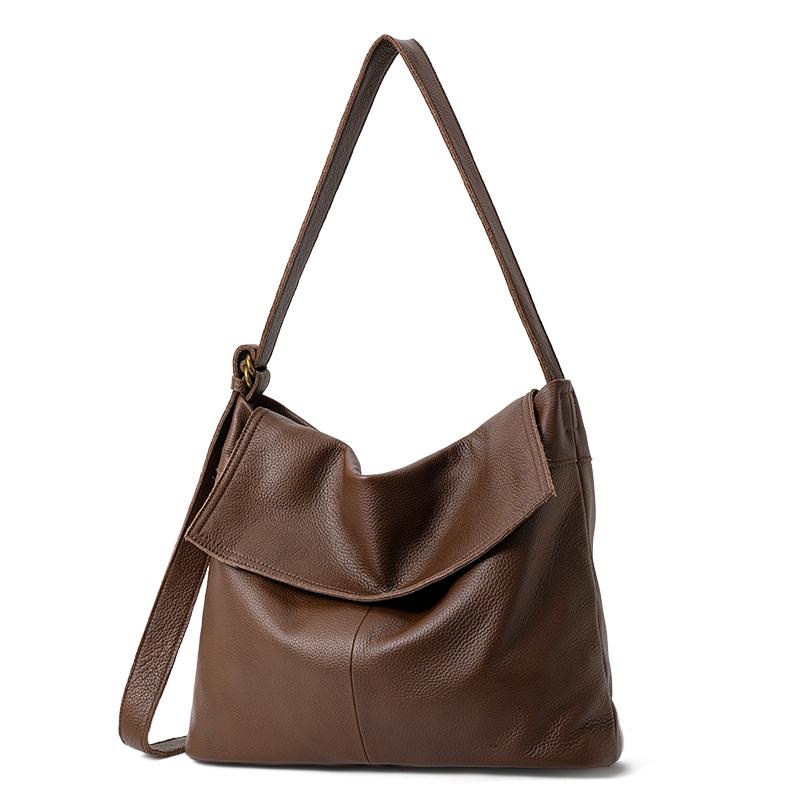 Genuine cowhide leather women's handbag, large capacity soft leather tote, casual single-shoulder slouchy style big bag