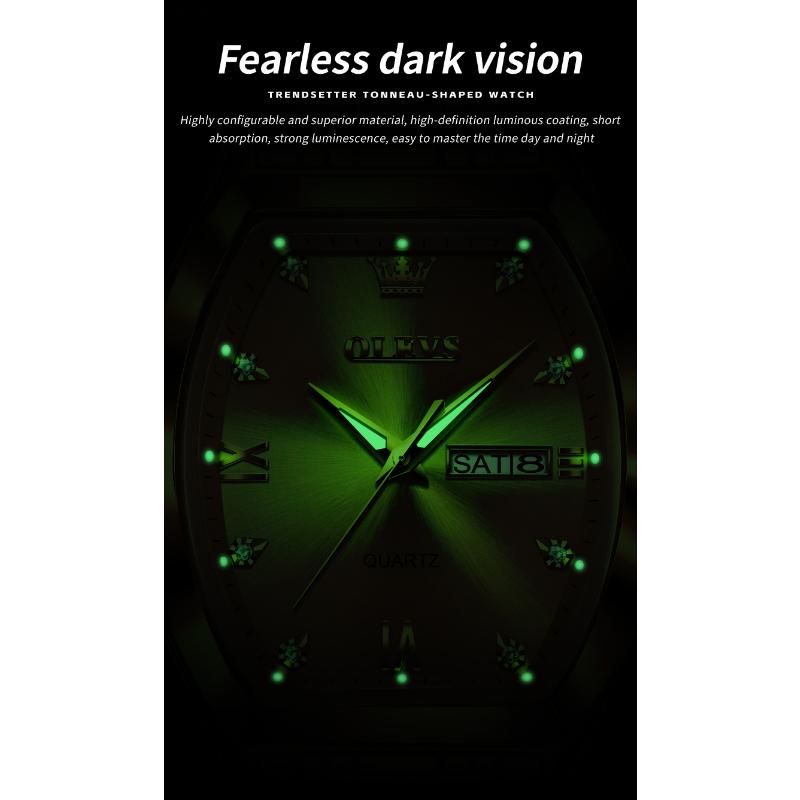 OLEVS Ceas de mână pentru bărbați, marca TOP, cuarț, elegant, din oțel inoxidabil, cadran Tonneau, impermeabil, luminos