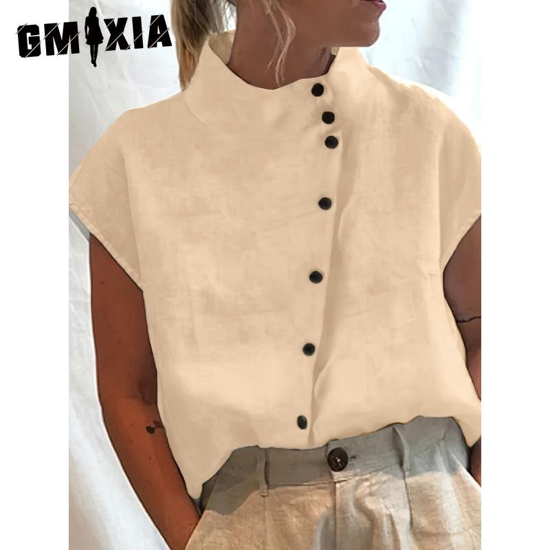 

GMXIA Женские модные повседневные однотонные блузки и рубашки с короткими рукавами и принтом XXXL хаки
