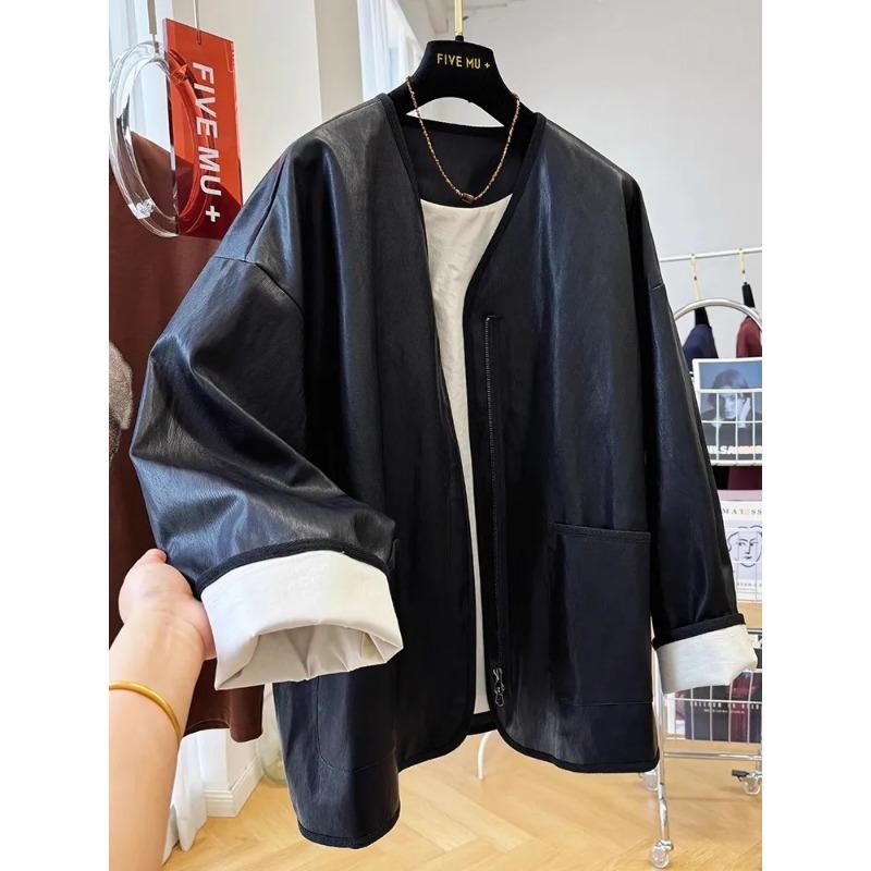 Spring Autumn Women's Faux Leather Jacket V Neck Zip Up Loose Fit Contrast Cuff Casual Outerwear