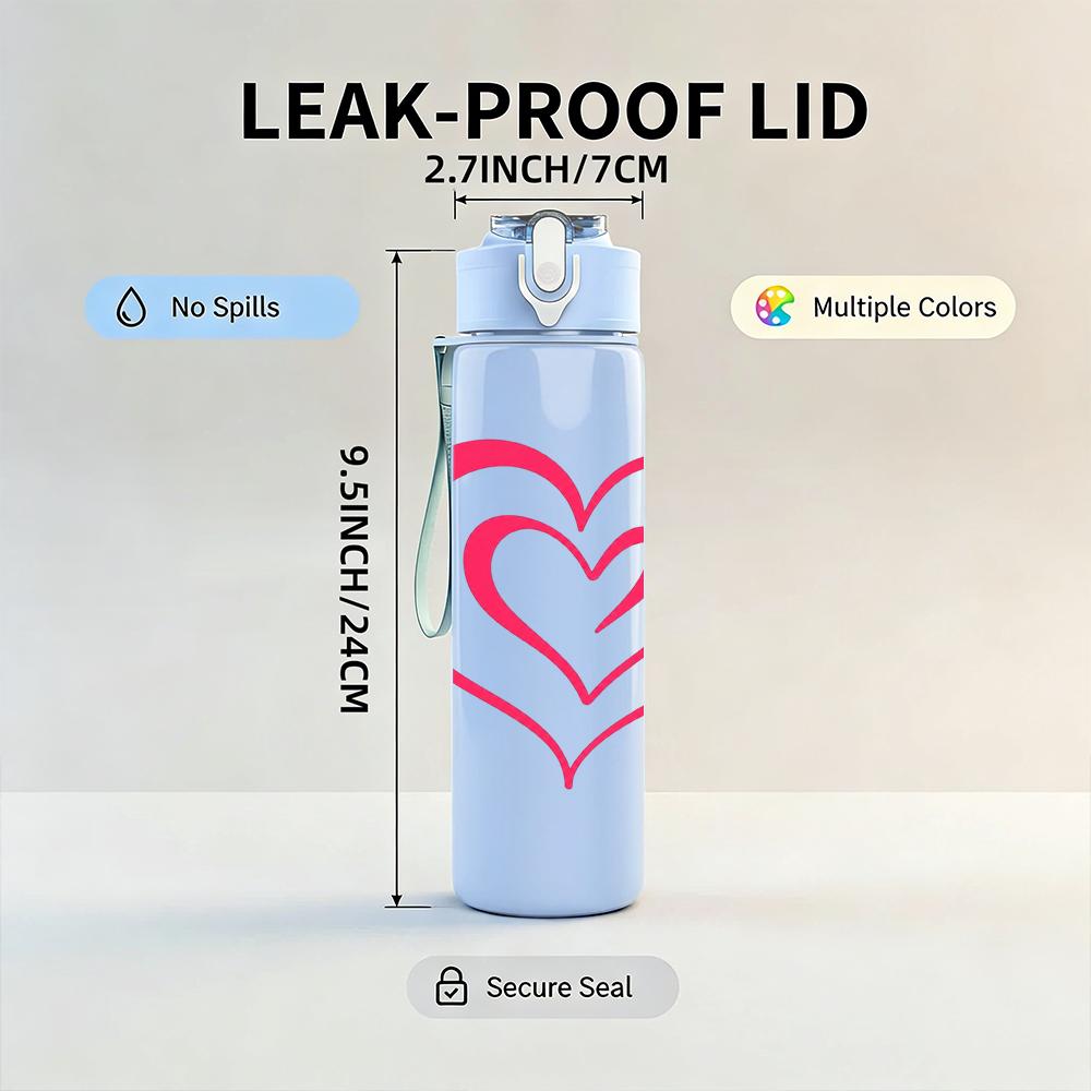 1PC Double Outline Pink Heart 750ml Color Plastic Sports Water Bottle Leakproof Flip Straw Lid Suitable for Sports Office Home Use