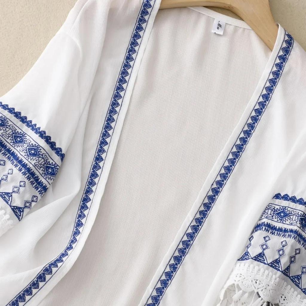 Women's Blouse Thin Chiffon Open Front Shirt Summer Ethnic Style Half Sleeved Embroidery Blouse Top Sunscreen Shirt