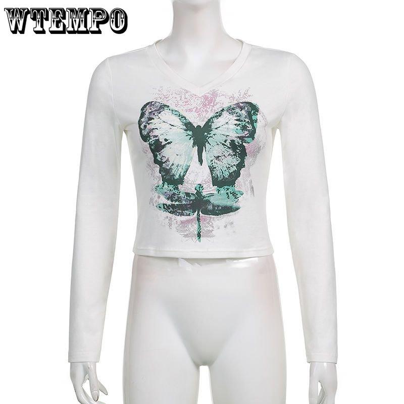 Vintage Butterfly Printed V-neck White Top Women's Spring Autumn All-match Long Sleeve Slim Casual T-Shirts Streetwear