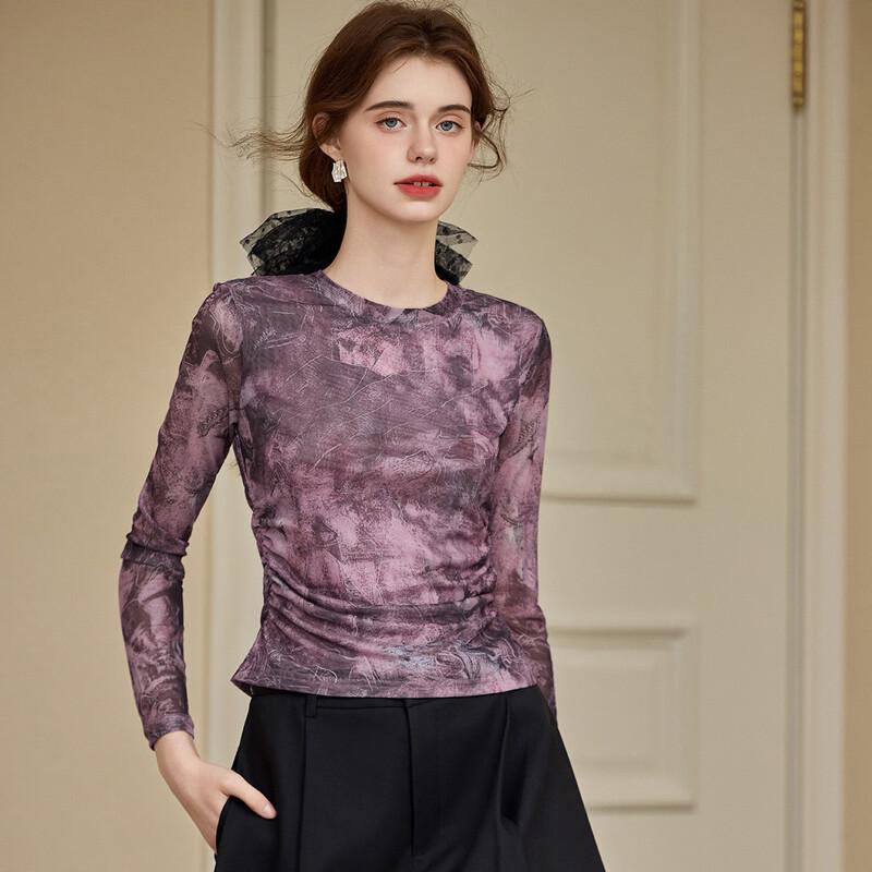 Women's Printed Ruched Round Neck Long Sleeve T-Shirt