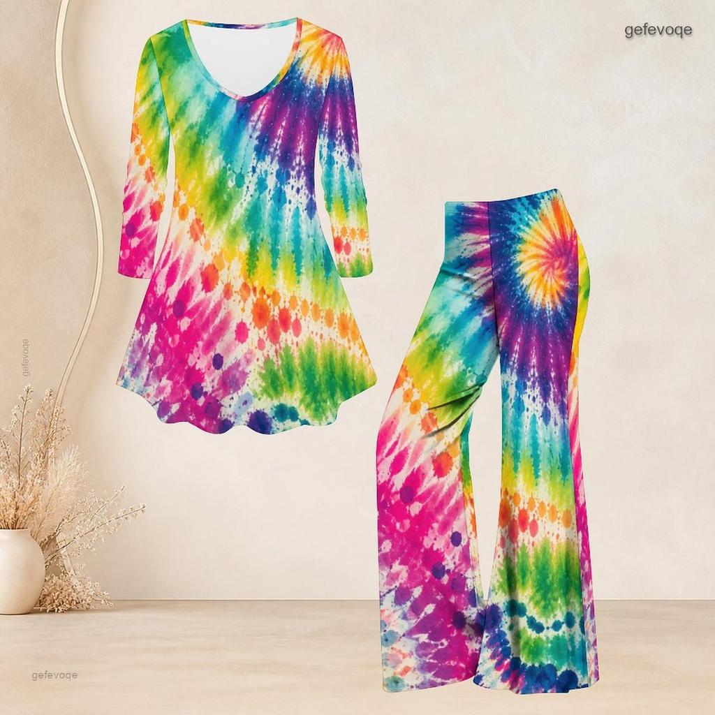 Women Plus Size V Neck Three Quarter Sleeve Colorful Printed Flared Top And Flared Pants Two Piece Set