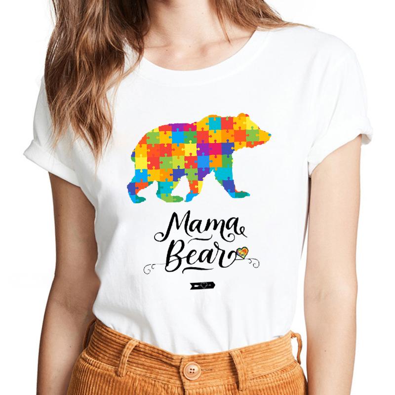 Lattice Mama Bear Letter Print T Shirt Women White Shirts Fashion O-Neck Short Sleeve T-Shirt Summer Tee Casual Top Female Tee
