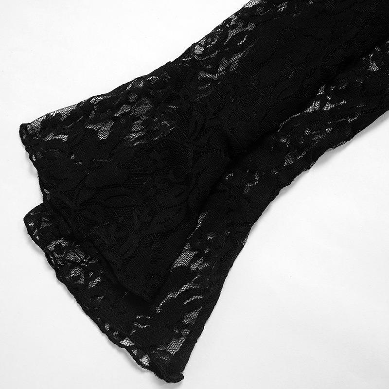 Fashion See Through Lace Round Neck Sexy T-shirt Women Cross Wrapped Chest Flare Sleeve T Shirts Woman Elegant Street Slim Fit Lady Tee Tops 26137