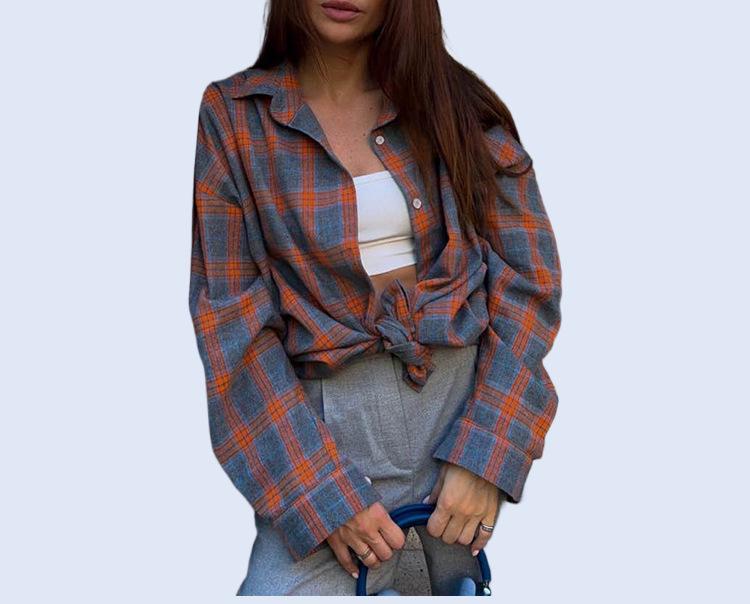 Women's Retro Plaid Long Sleeve Loose Lapel Shirt for Spring and Autumn