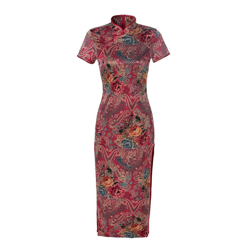 1011 New summer and autumn long cheongsam skirt women's dress slim-fit performance performance Chinese style satin