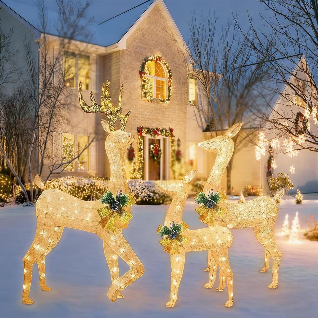 Christmas Stake Decorations 3 Pieces Weatherproof LED Light Outdoor Reindeer Christmas Yard Decoration For Family Home Holiday