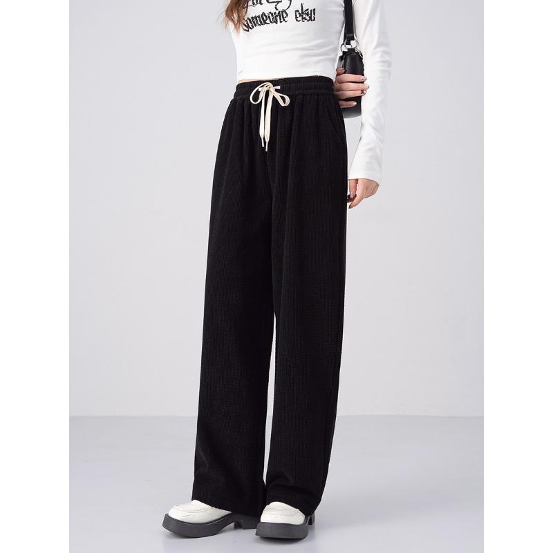

Autumn and winter new women s clothing loose high waist thin lazy retro corduroy straight casual wide legs mopping long pants M чёрный