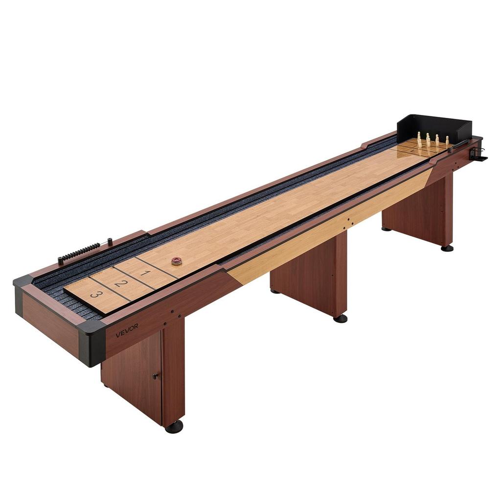 Tavolo Shuffleboard da 3,7 m, Set Combo 2 in 1 Shuffleboard e Bowling, Tavolo Shuffleboard con Finitura in Legno Rustico, Piano di Gioco Resistente ai Graffi, 8 Dischi,