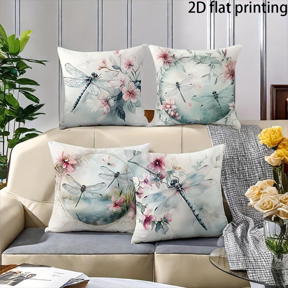 Short Plush Material Pillowcase2D Flat-4 Pieces Dragonfly & Flower Pillow Covers , Suitable For Family Sofas, Farmhouse Decorati