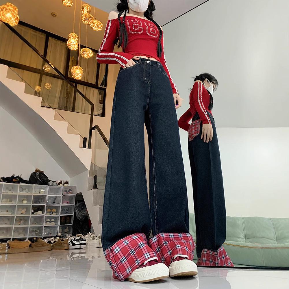 Women's High-Waist Red Plaid Patchwork Wide-Leg Jeans - Retro Style, Plus Size, Slimming Fit for 2024 Autumn/Winter