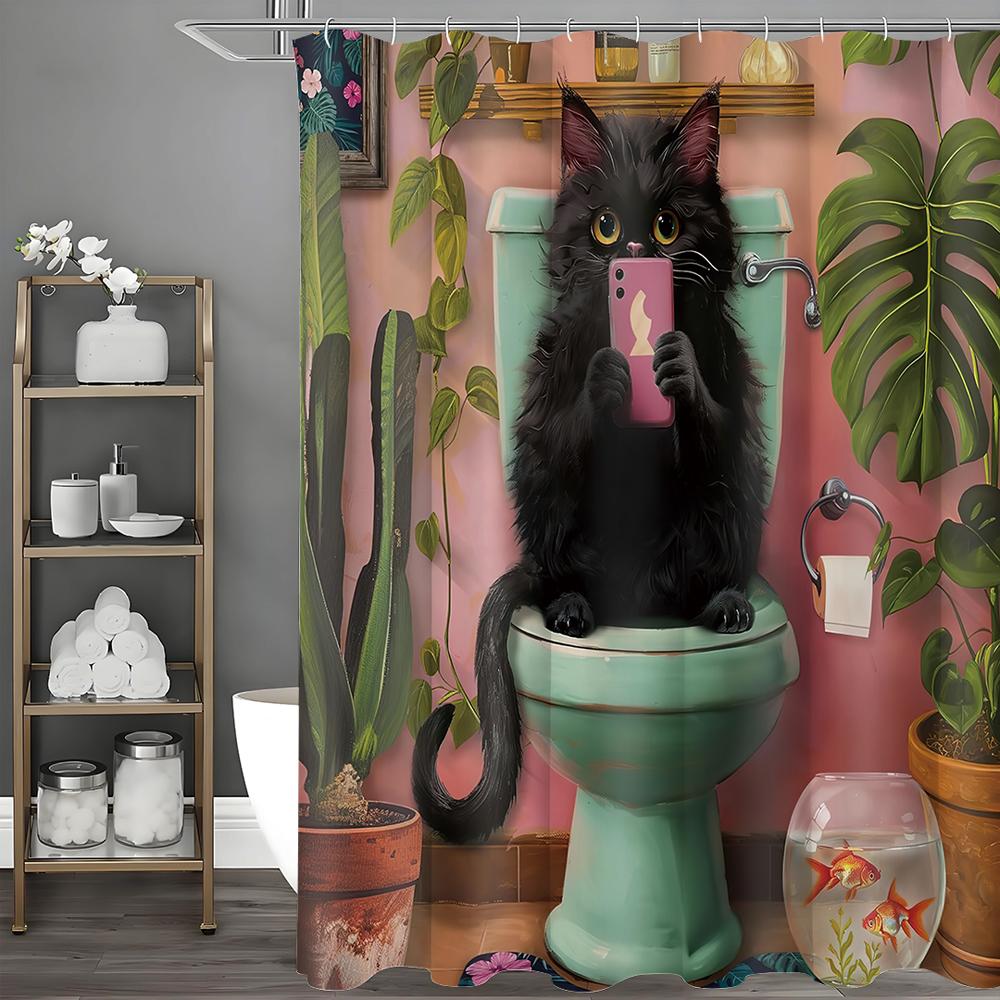 

Кот играет с мобильным телефоном в туалете Занавеска для душа «Зелень Золотая рыбка», Декоративная занавеска для душа для ванной комнаты, Водонепроницаемая занавеска для душа 90*180cm