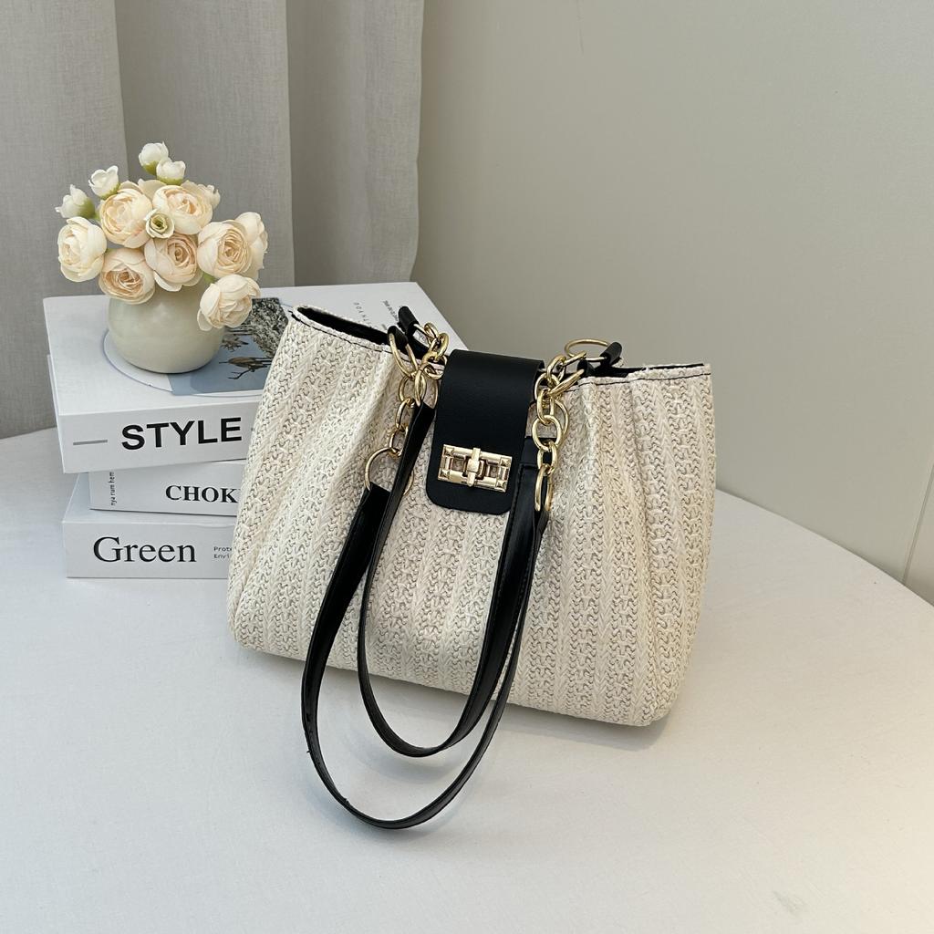 Straw bag women's new fashion lock woven shoulder bag summer popular tote bag one