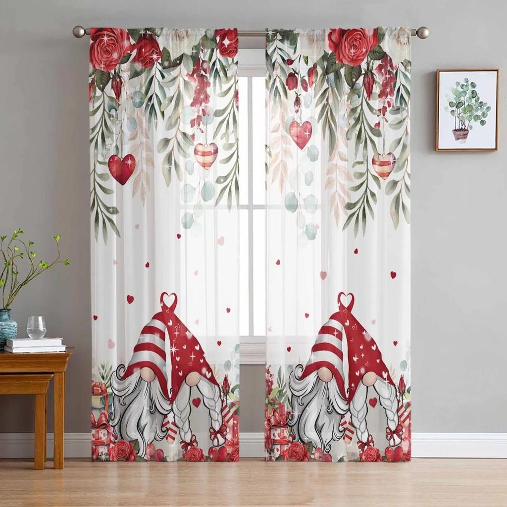 Valentine'S Day Rose Love Gnome Tulle Curtains For Living Room Sheer Curtain For Bedroom Kitchen Blinds Voile Curtains
