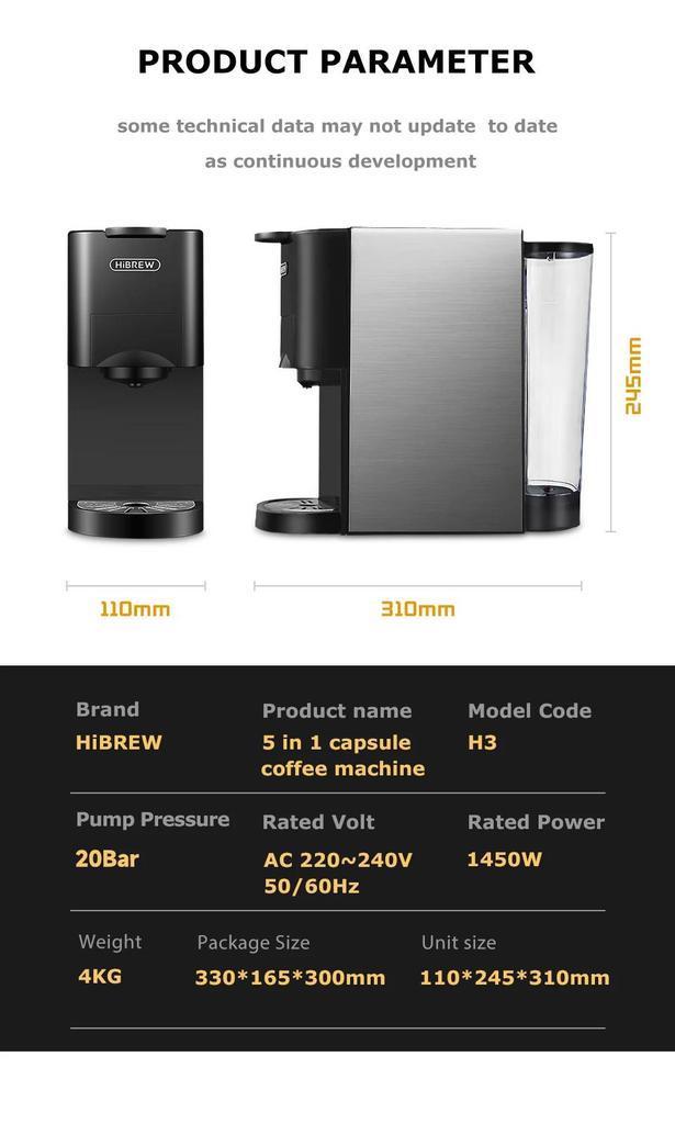 HiBREW Coffee Machine 5in1 Multiple Capsule Espresso Dolce Milk&Nespresso&ESE Pod&Powder Coffee Maker Stainless Metal H3A