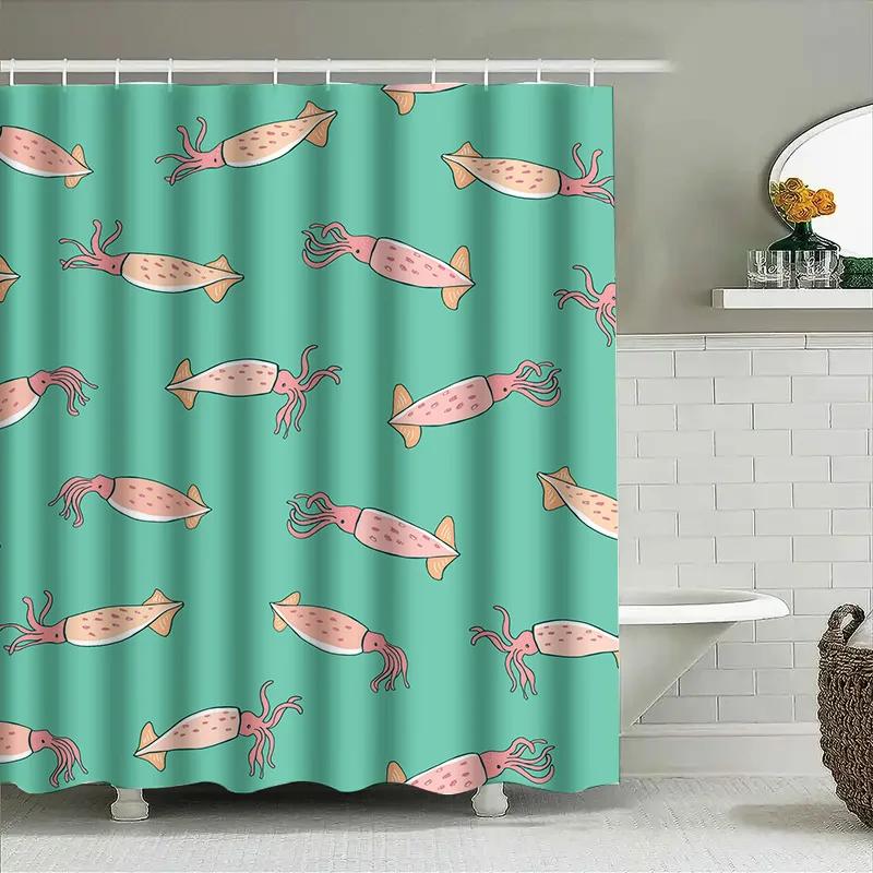 

Stylish Playful Squid Pattern Shower Curtain Bright Green Bath Decor for Home Decoration W90xH180cm