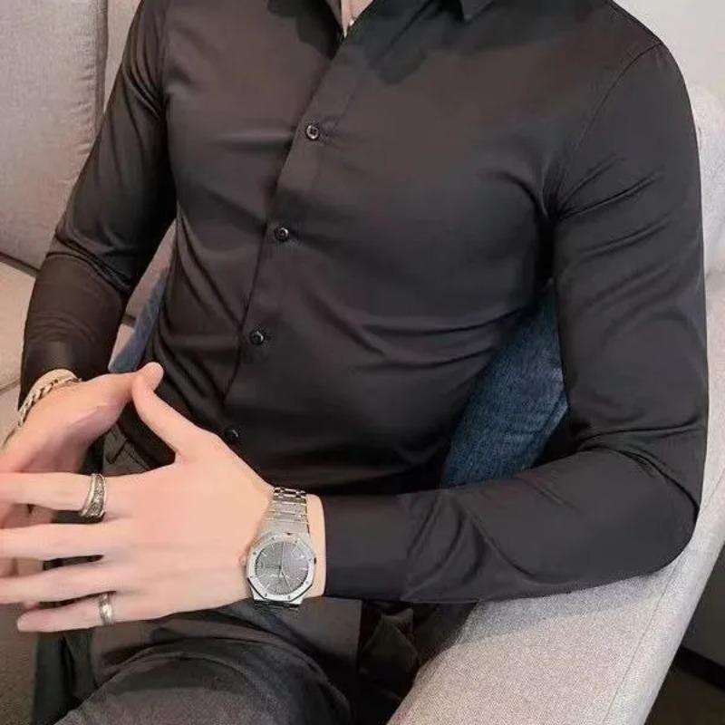 Ανδρικό Στενό Μακρυμάνικο Πουκάμισο Επίσημο Επιχειρηματικό Τοπ Χωρίς Σιδέρωμα Μονόχρωμο Ελαστικό Κουμπωτό