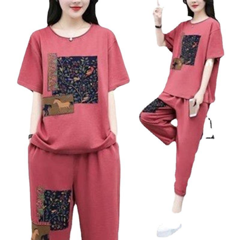 Dámský dvoudílný oblek s korejským potiskem 2024: Letní ležérní top s krátkým rukávem volného střihu ve velkých velikostech