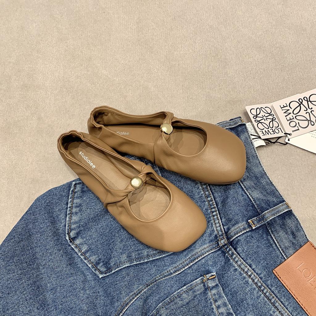 Sheepskin Version~ Grape Mother, the Same Kinked Small Gold Buckle Apple Head Soft Waxy Flat-soled Single Shoes Women's Shallow Mouth Mary Jane Shoes