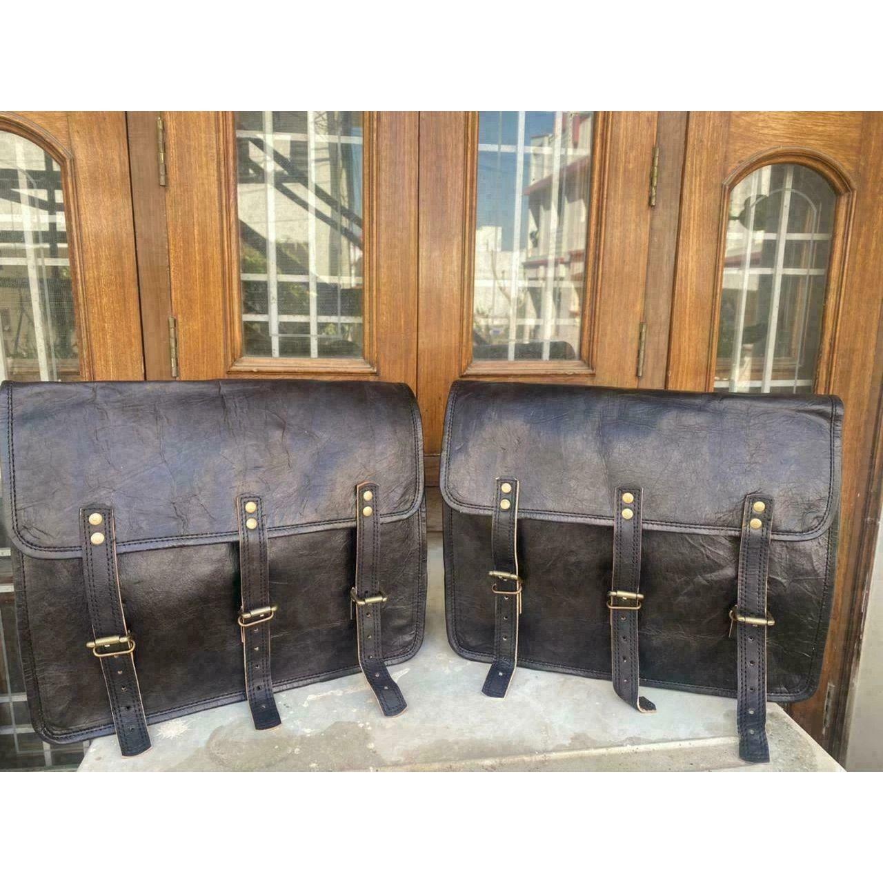 

Motorcycle Side Saddlebags Pouch Black Leather Side Pouch Saddle Panniers 2Bags